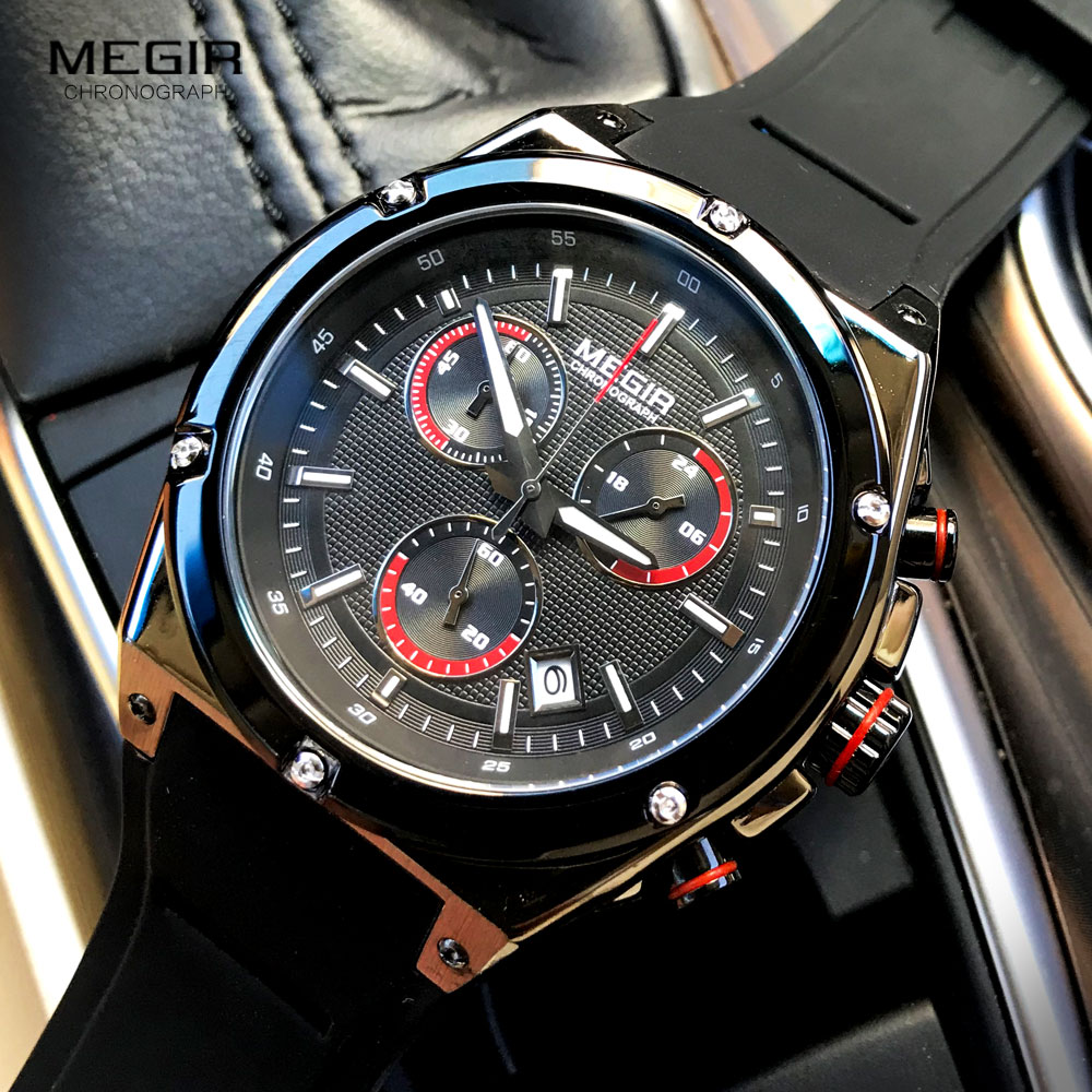 Megir Mannen Zwarte Siliconen Sport Quartz Horloges Lichtgevende Relojios Relojes Waterdicht Chronograaf Klok Montres Q2073G-BK-1