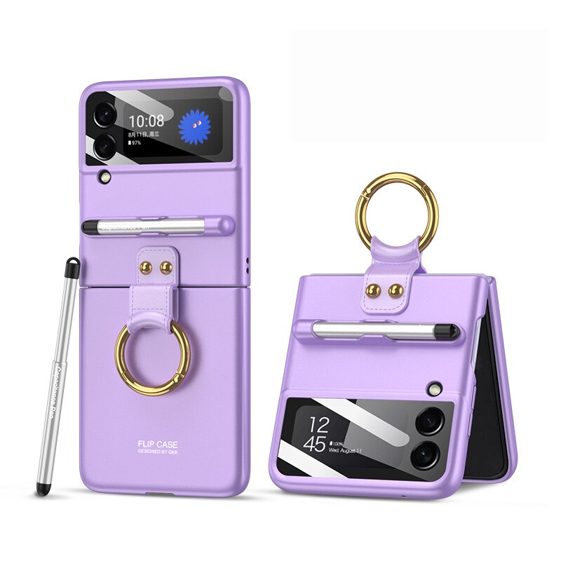 Custodia per Samsung Galaxy Z Flip 3 5G Cover per anello per dito con penna stilo custodia rigida per Slot per penna in plastica dura opaca: Purple