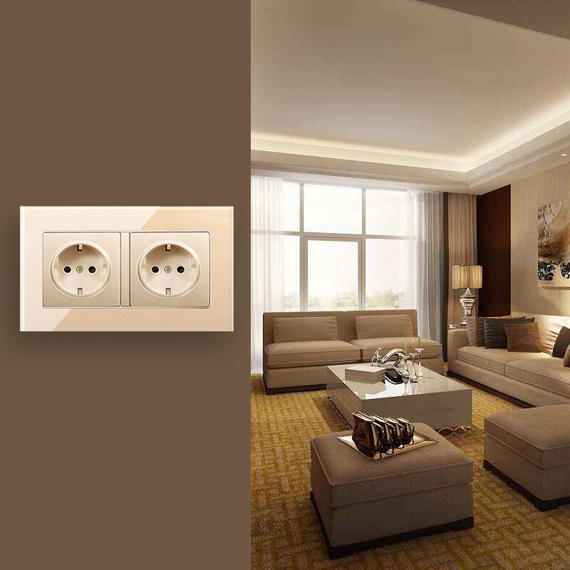 PSSRISEWall Crystal Glass Panel 146*86 Multi Way Power Socket Plug Grounded 16A EU Standard Electrical Outlet Double Socket stri
