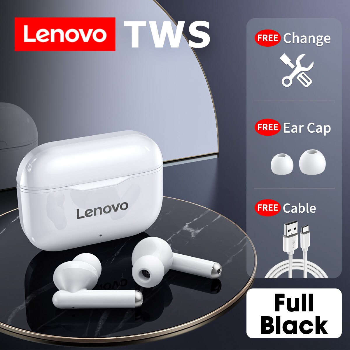 Original Lenovo LP1 TWS auricular inalámbrico Bluetooth 5,0 estéreo doble reducción de ruido bajo Control táctil Larga modo de reposo 300mAH: LP1 pure white