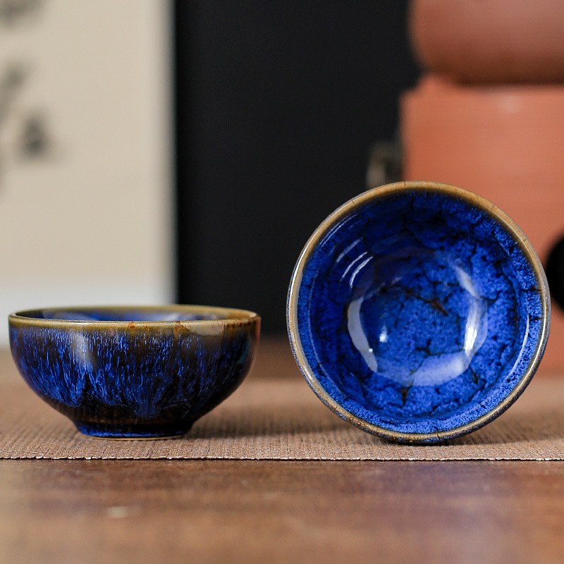 45ml copo de cerâmica doméstico forno mudança xícara de chá mestre copo de degustação copo de água azul cetim tigela de chá jianzhan casa de chá cha teaware: CÉU AZUL