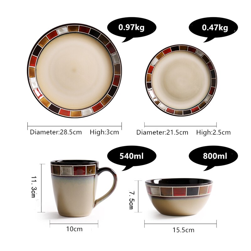 Vajilla occidental de cerámica con celosía roja, platos de cocina para el hogar, plato de carne, ensaladera, juego de tazas de leche para desayuno