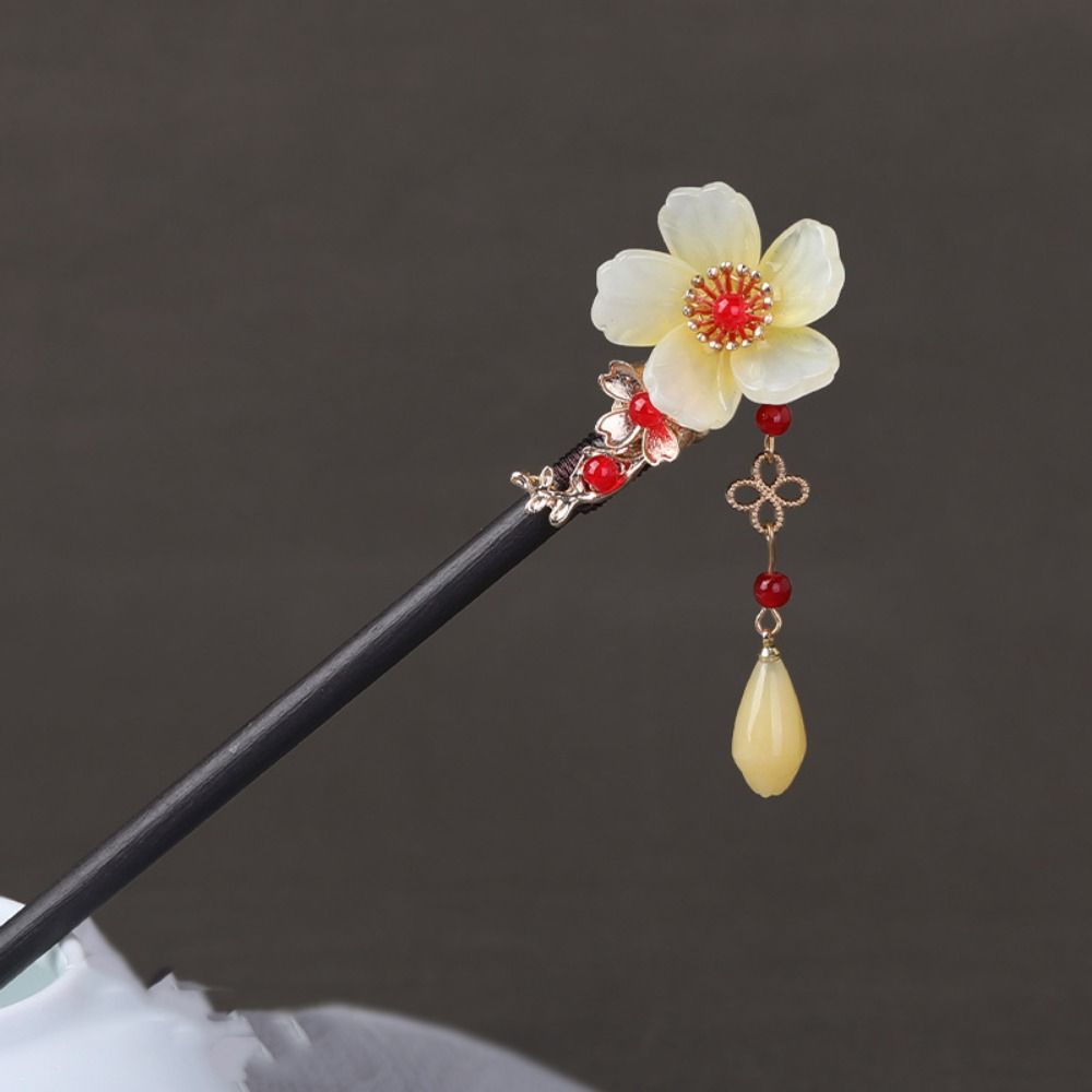 Tocados con borlas y flores, horquilla de madera para el cabello, horquilla para el cabello con perlas, accesorios para el cabello, horquilla Hanfu, palo para el cabello para niña: Rosa