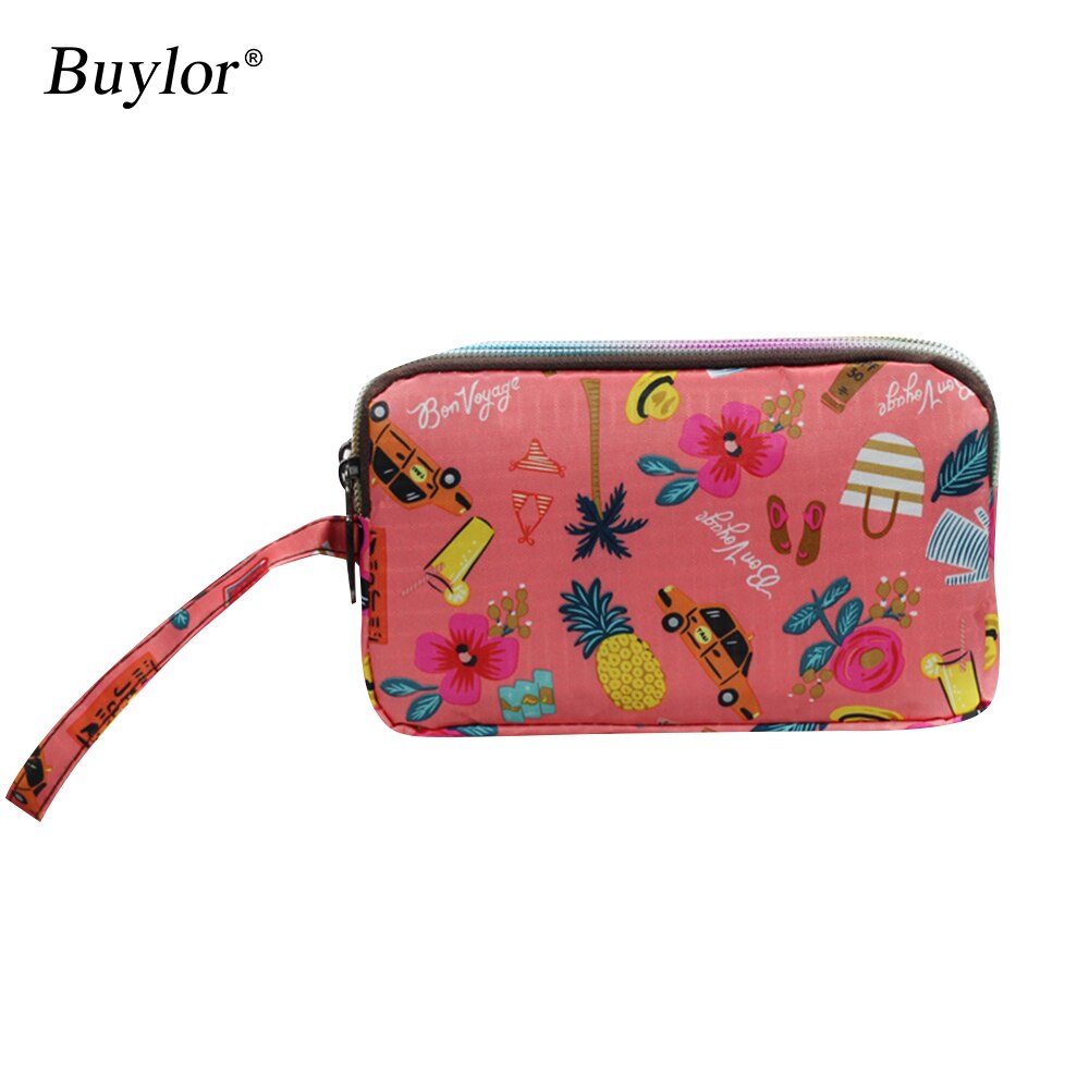 Buylor portfele dla kobiet torebka poliester etui na telefon Organizer na dokumenty karty dama Organizer moneta torebka 3 zamek kwiatowy kieszenie sprzęgło: różowy
