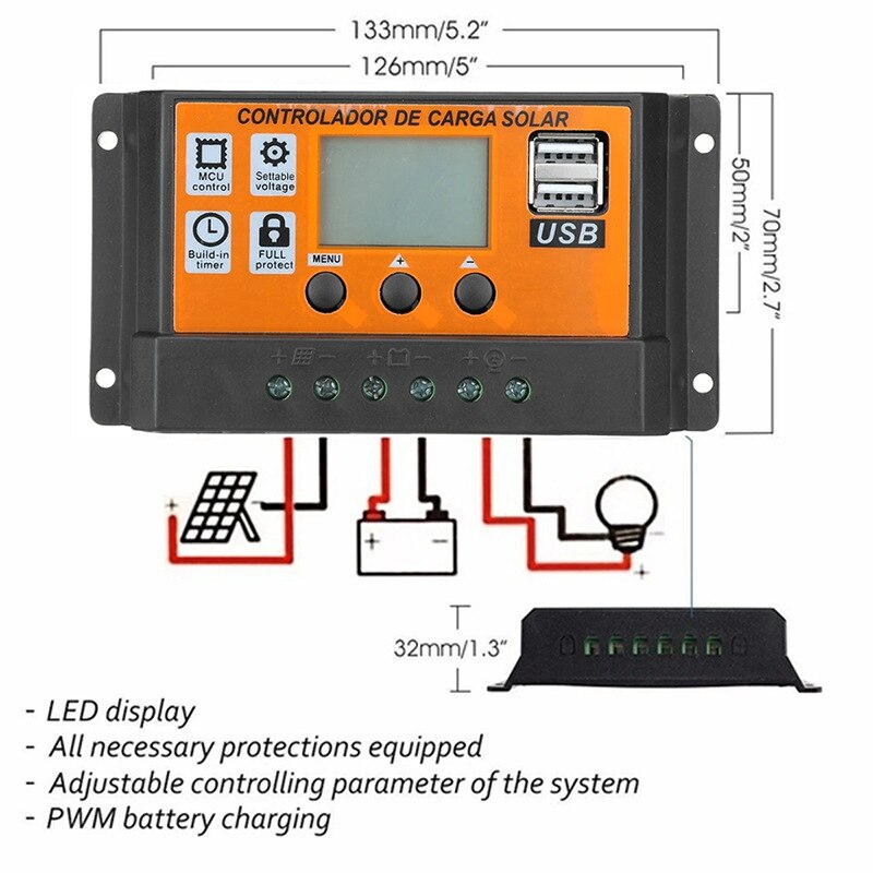 10A/20A/30A/40A/50A/100A Auto Solar Laadregelaar Lcd Dual Usb Zonnepaneel regulator Dual Usb Voltage Charger 12V24V Power