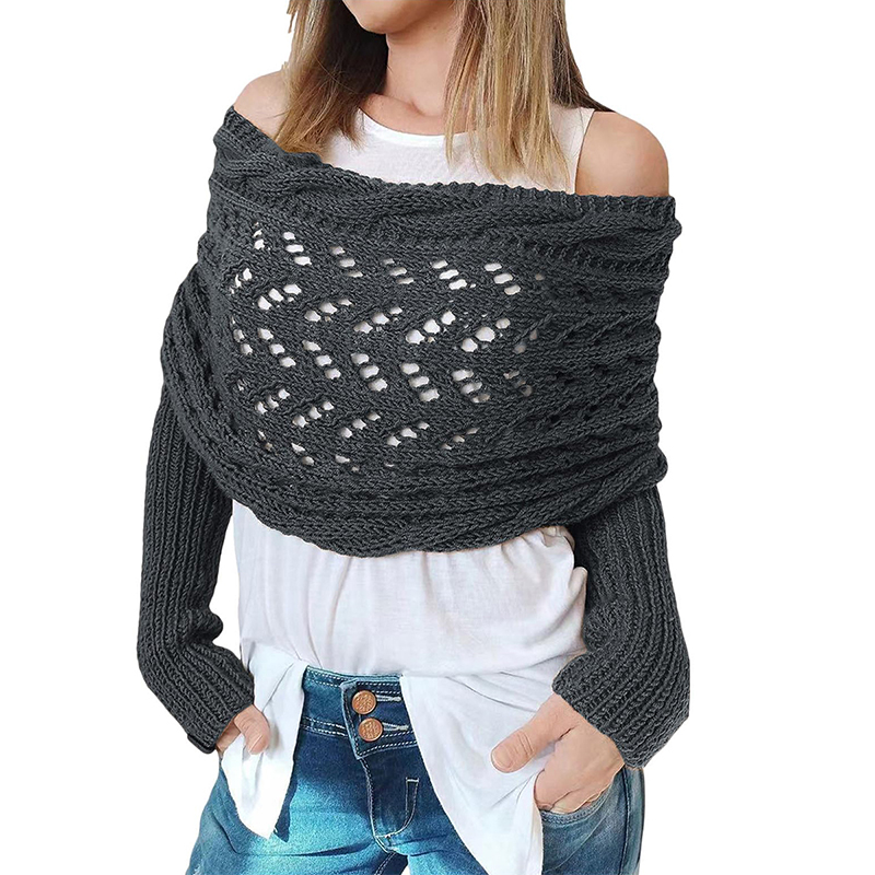 trenzado, envoltura de manga con mangas, Color sólido, patrón de ganchillo con giro hueco, chal para mujer, bufanda, suéter de estilo bohemio: Gris oscuro