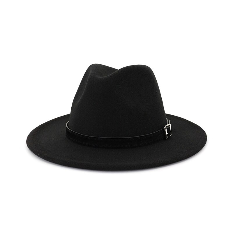 FS White Fedora Hat For Women Felt Hat With Belt Buckle Vintage Wool Wide Brim Jazz Cap Men Panama Hat 17 Colors: Black fedora