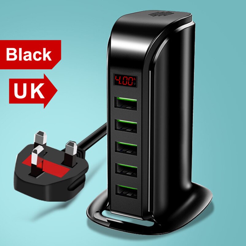 5 port usb oplader hub led display multi usb opladningsstation dock universal mobiltelefon desktop væg hjem os eu uk plug: Sort (uk)