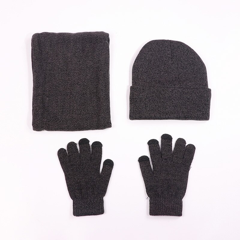 Fleece foret varm vinterstrikket mænd kvinder hat handsker sæt ring tørklæde grå vin rød: Mørkegrå