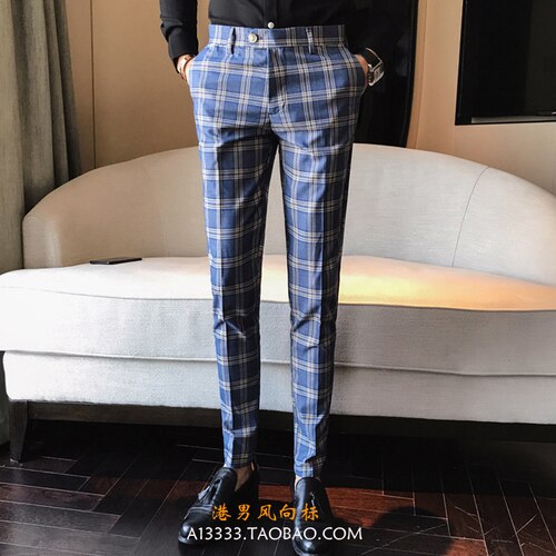 Miesten rento ruudullinen sininen harmaa slim fit housut brittiläiset housut mix väri puku housut nilkkapituus  x34: Sininen / 36