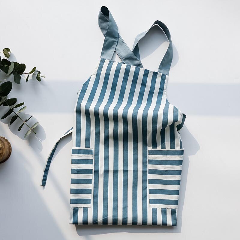 Women Girls Cotton Work Cloth Adult Kitchen Cooking Cleaning Apron 2 Pockets Cute Striped Wave Point Uniforms Delantal Tablier: Striped blue