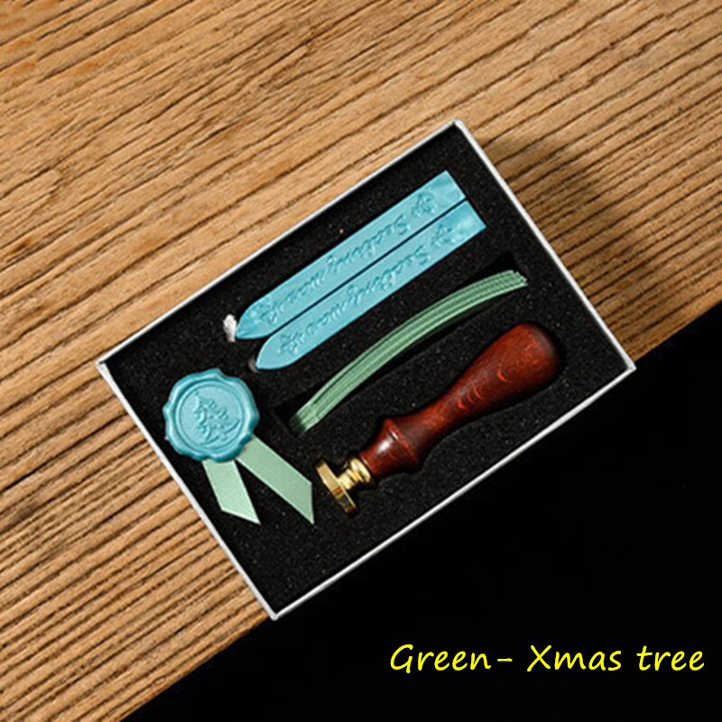 1 sæt vokssegl sæt gør det selv håndlavet bånd konvolut segl vintage træ invitation brev segl bryllup stempel: Grøn