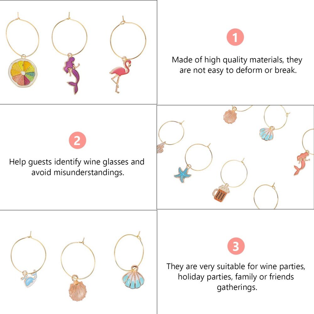 18 stk charms glas identifikatorer vinglas ringe glas drink markører tags festartikler (assorteret farve)