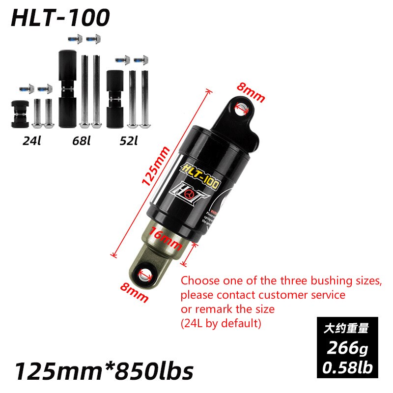 Amortisseur arrière de vélo de montagne, HLT-100 125 150 165mm 185 750 850 LBS, amortisseurs à ressort d&#39;huile pour vtt, vélo de neige et vélo électrique, 1000: 125mm x 850 Lbs