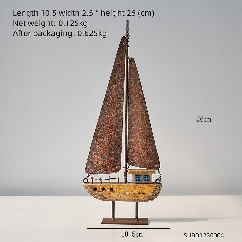Wooden Ship Model Modern Home Decoration Iron Retro Sailboat Figurines Office Desk Decorative Birthday Christmas: Double sail-yellow