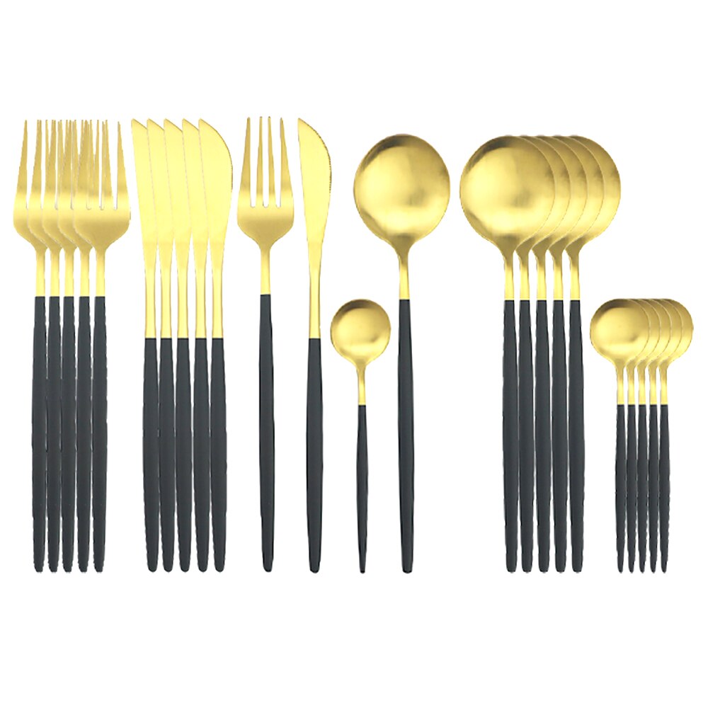 Couverts bleu en acier inoxydable 410, 24 pièces, service de table, coutellerie, cuillère, fourchette, couteau, argenterie, coutellerie: Black Gold