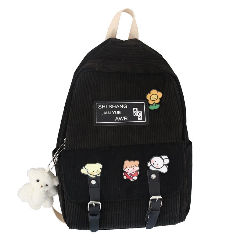 Cute Corduroy Backpacks for School Teen Girls Patchwork Colorful Bagpack Kids School Bags Double Buckles Travel Knapsack H246: black / only pins