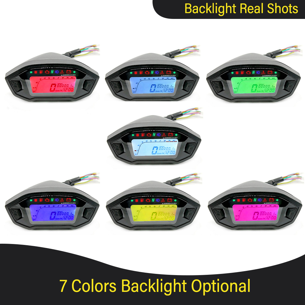 LCD Universal Motorcycle Speedometer Gauge Odometer 5 Gear 7 Backlight 11000 RPM 199 KMH MPH Motorcycle Tachometer