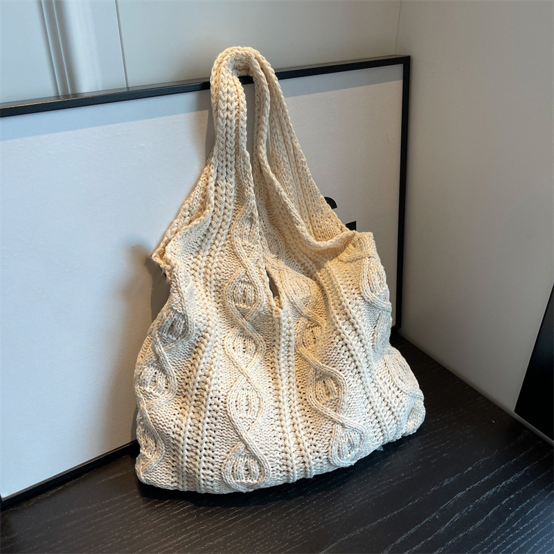 Bolso tipo shopper de hombro tejido de lana para mujer, bolso de compras Vintage de tela de algodón para niñas, bolso grande para mujer, bolso de ganchillo: Beige