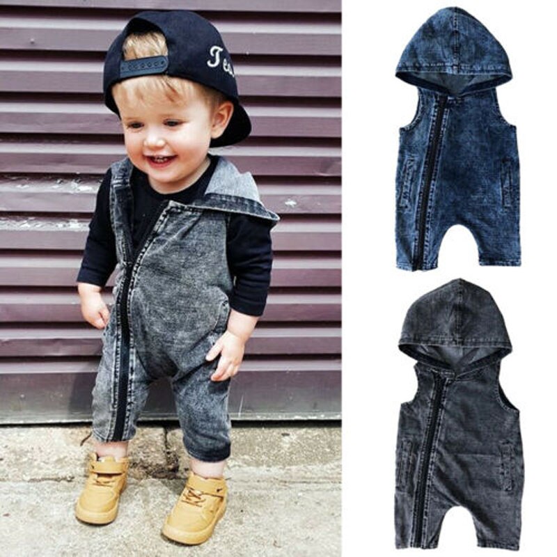 Focusnorm 2 Farben 0-4T Kleinkind Baby-Body Overall Ärmelloses Hooded Zipper Feste Denim Sommer Kleidung Sunsuit