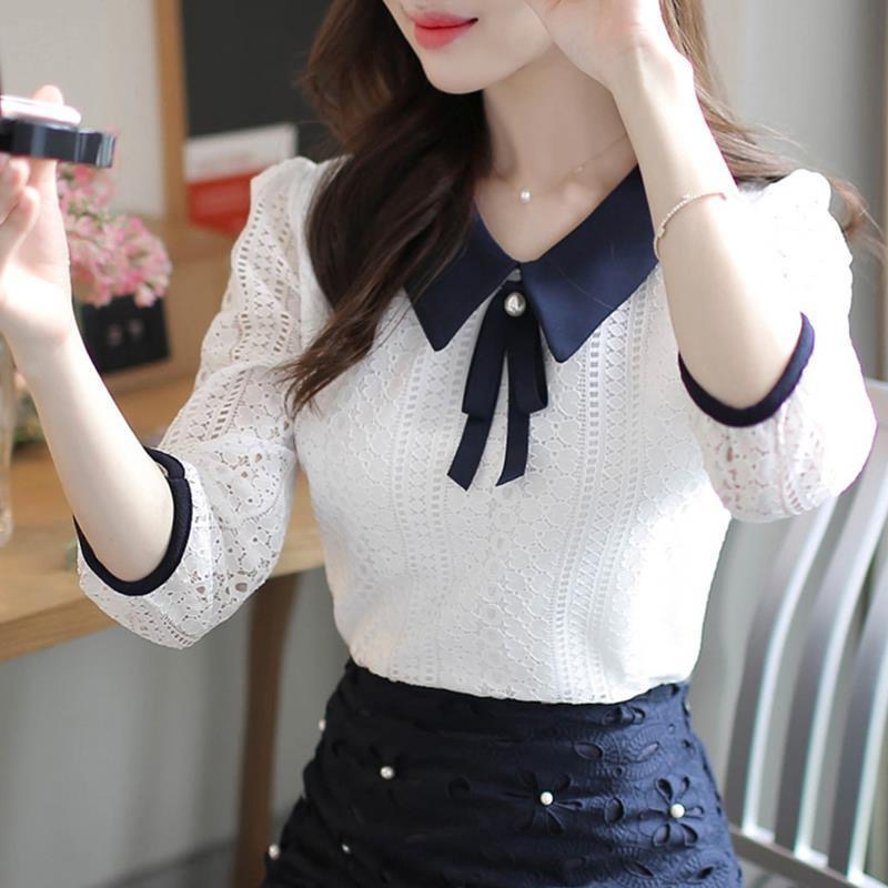 Vrouwen Lente Herfst Stijl Kanten Blouses Shirt Vrouwen Peter Pan Kraag Effen Kleur Half Mouw Elegante Kanten Tops SP8676