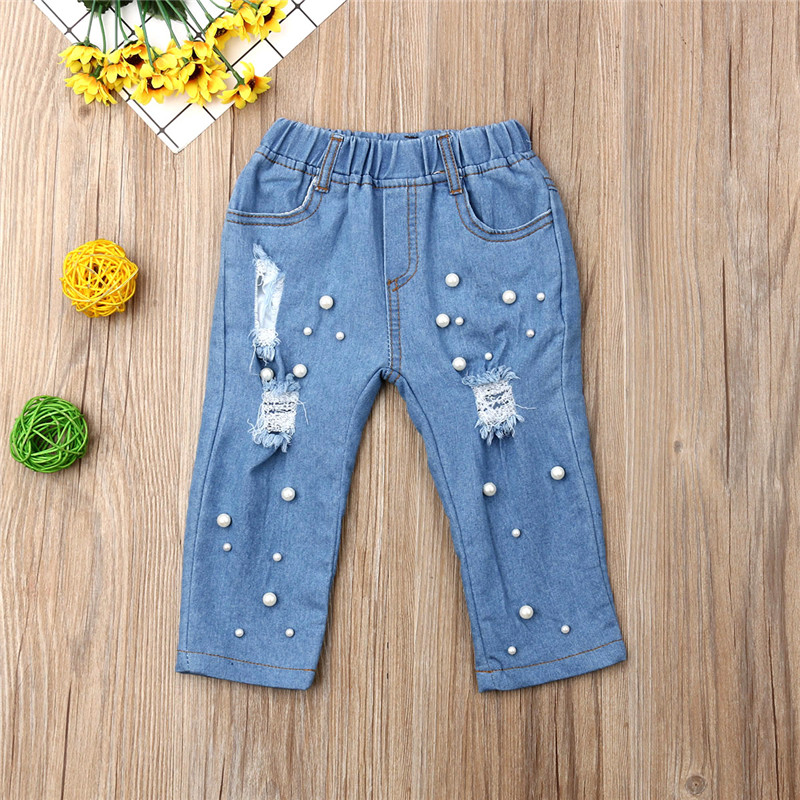 Jean d'été pour fillettes, bleu Denim, trous, perles élastiques, décontracté