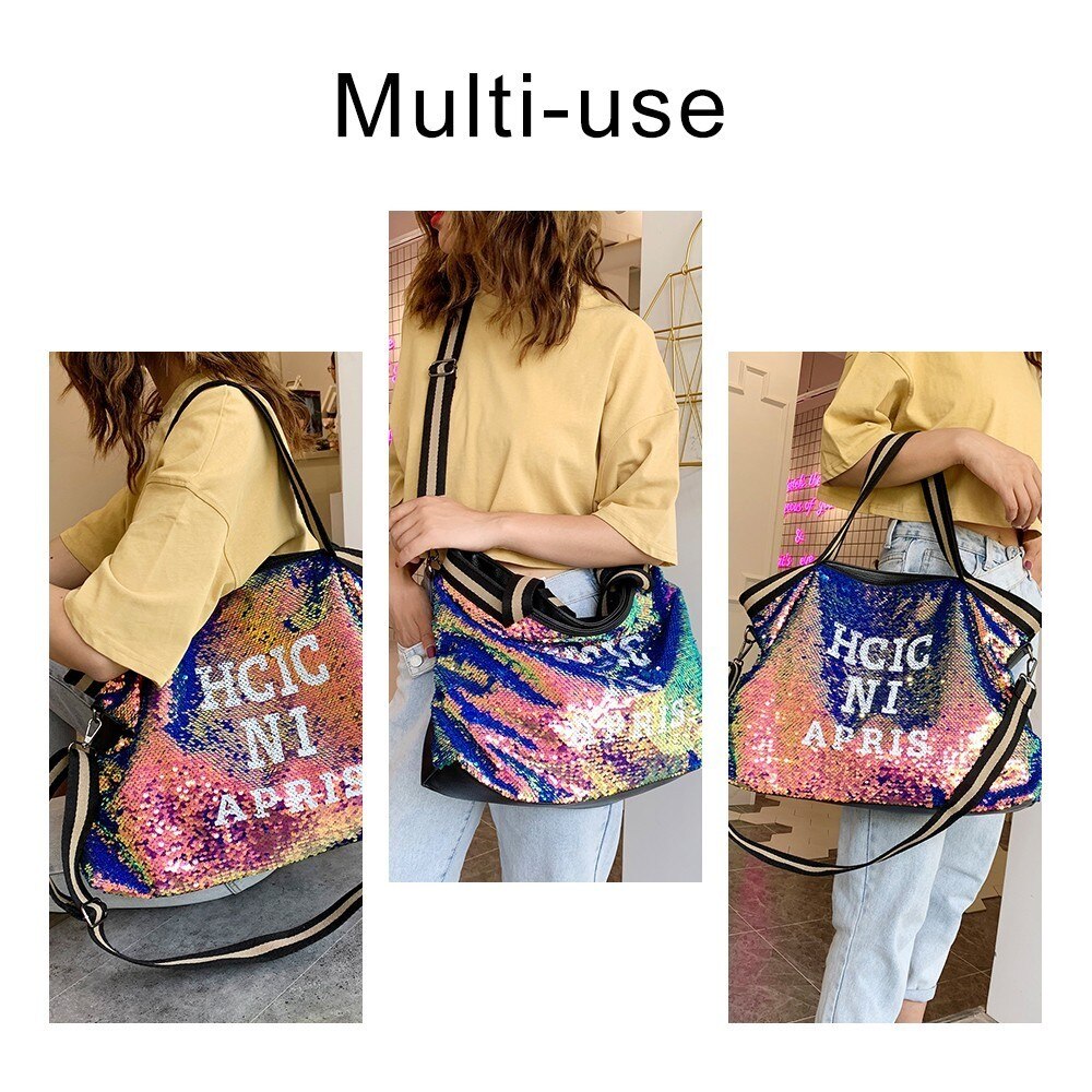 Ttou stor lomme kvinners veske skinnende paljetter tote skuldervesker til kvinnelige brev trykk høy kapasitet crossbody vesker