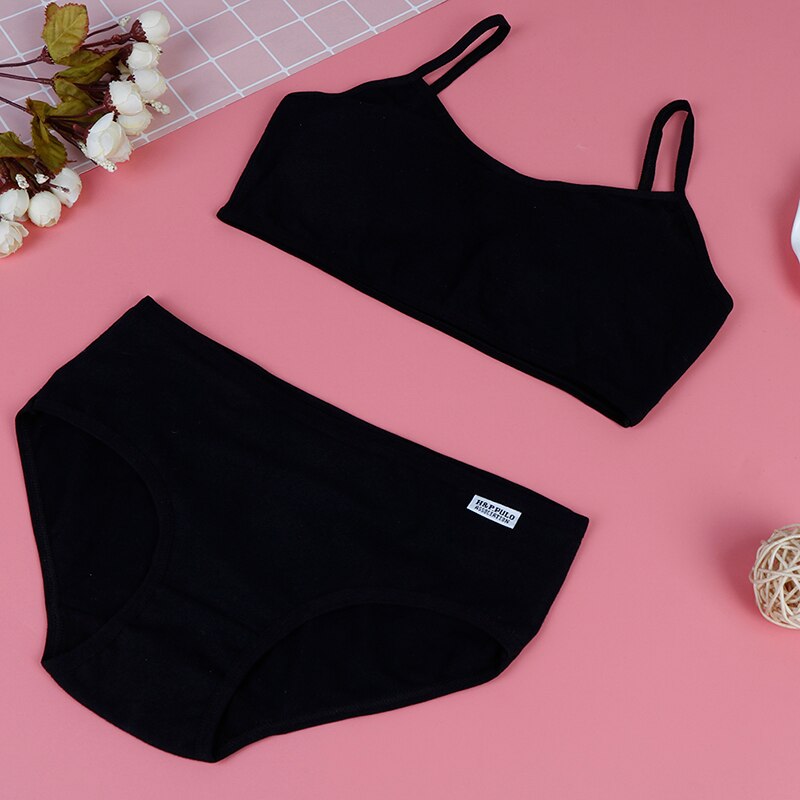 Girl Clothing Training Bras Set Puberty Young Girls Cotton Children Sport Underwear Teenagers Student Camisole Vest Set: Black