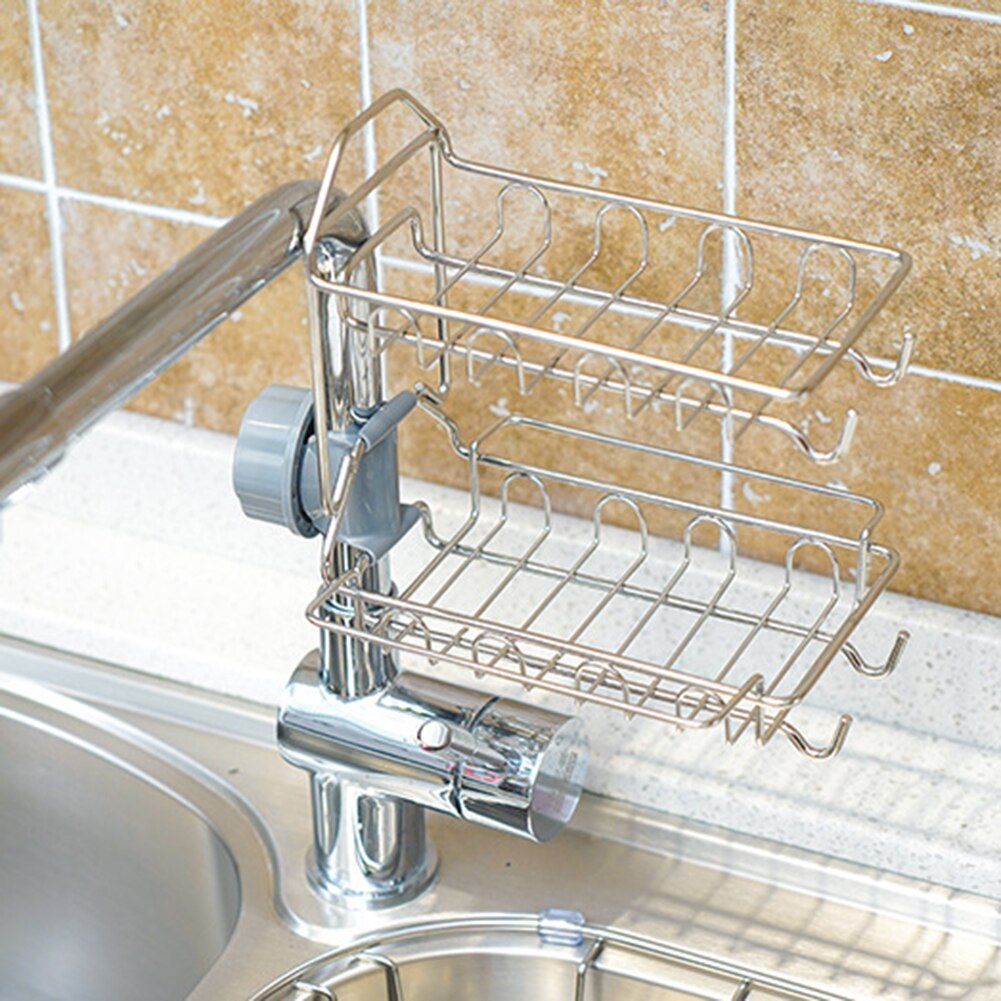 Køkkenvask i rustfrit stål vandhane svampeholder opbevaringsstativ afløbsklipsholder, kan klip på vandhanen, nem at bruge.