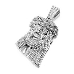 Huge Jesus Pendant Necklace Men Ice Out Paved Full Shining Crystal Jesus Head Face Gold Color Charm Necklace Hip Hop Jewelry: Silver Color