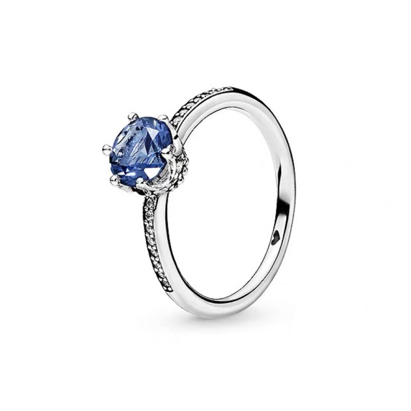 Authentic 925 Sterling Silver Ring White & Blue Crystal Rings For Women Original European DIY Fine Jewelry Wedding: Blue / 60mm
