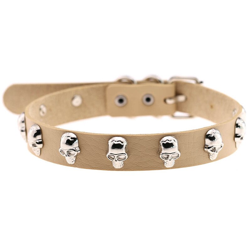 Trendy Punk Rock Silver Color Alloy Skull Leather Choker Necklace For Women Men Collar Jewelry: Light Khaki