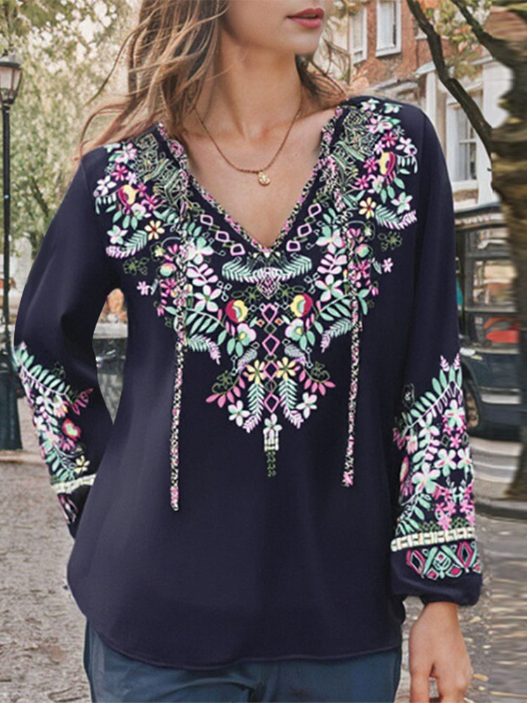 Zanzea lente blouse met bloemenprint, bohemian shirts, casual damesblouses met lange mouwen, v-hals tops met vetersluiting, tuniek: Xxl / Blauw