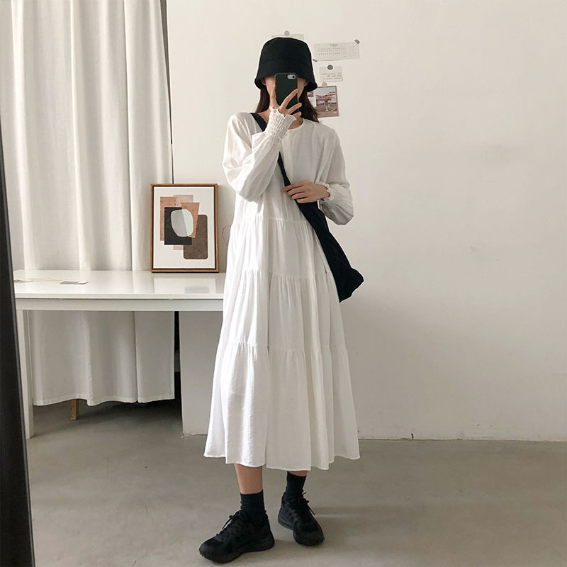 4xl langærmede kjoler kvinder løs koreansk temperament kvindelig dejlig midikjole o-hals forår afslappet ensfarvet vestidos de mujer