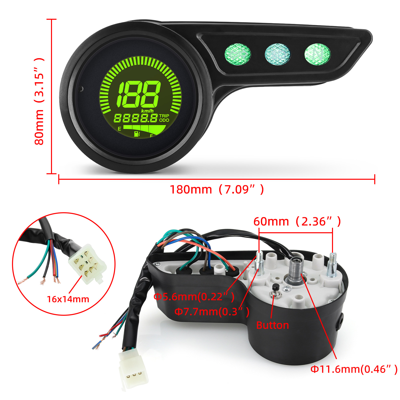 Retro motorfiets snelheidsmeter/kilometerteller met 7 kleuren achtergrondverlichting, snelheidsmeter (km/u), kilometerteller, versnellingsmeter, dagteller, brandstofniveau-indicator.