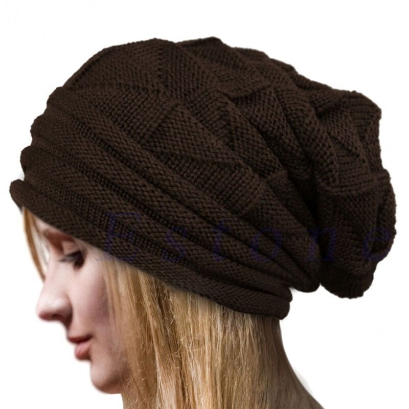 Kvinner hekle strikket stripet oversize posete slouchy lue høst menn lue varm vinter ski dame ullluer: Brun