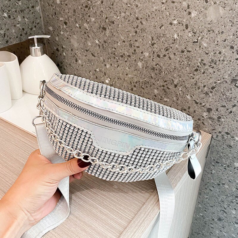 Punk bum bolsa de cristal bling diamante sacos da cintura para as mulheres fanny packs cinto saco splice crossbody sacos para peito bolsa cintura packs: Prata
