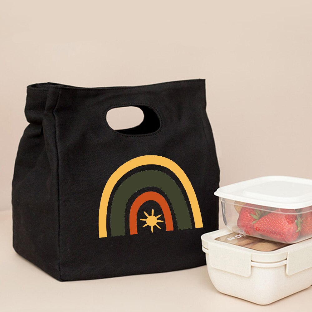 Śliczna modna tęcza drukuj czarne torby na Lunch na co dzień wielokrotnego użytku Eco termiczna torba składana torba podróżna o dużej pojemności Harajuku: Q00724-TBBK-C