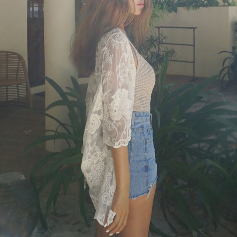 Kimono transparente informal de verano para mujer, Kimono de playa con encaje frontal abierto, triangulación de envíos