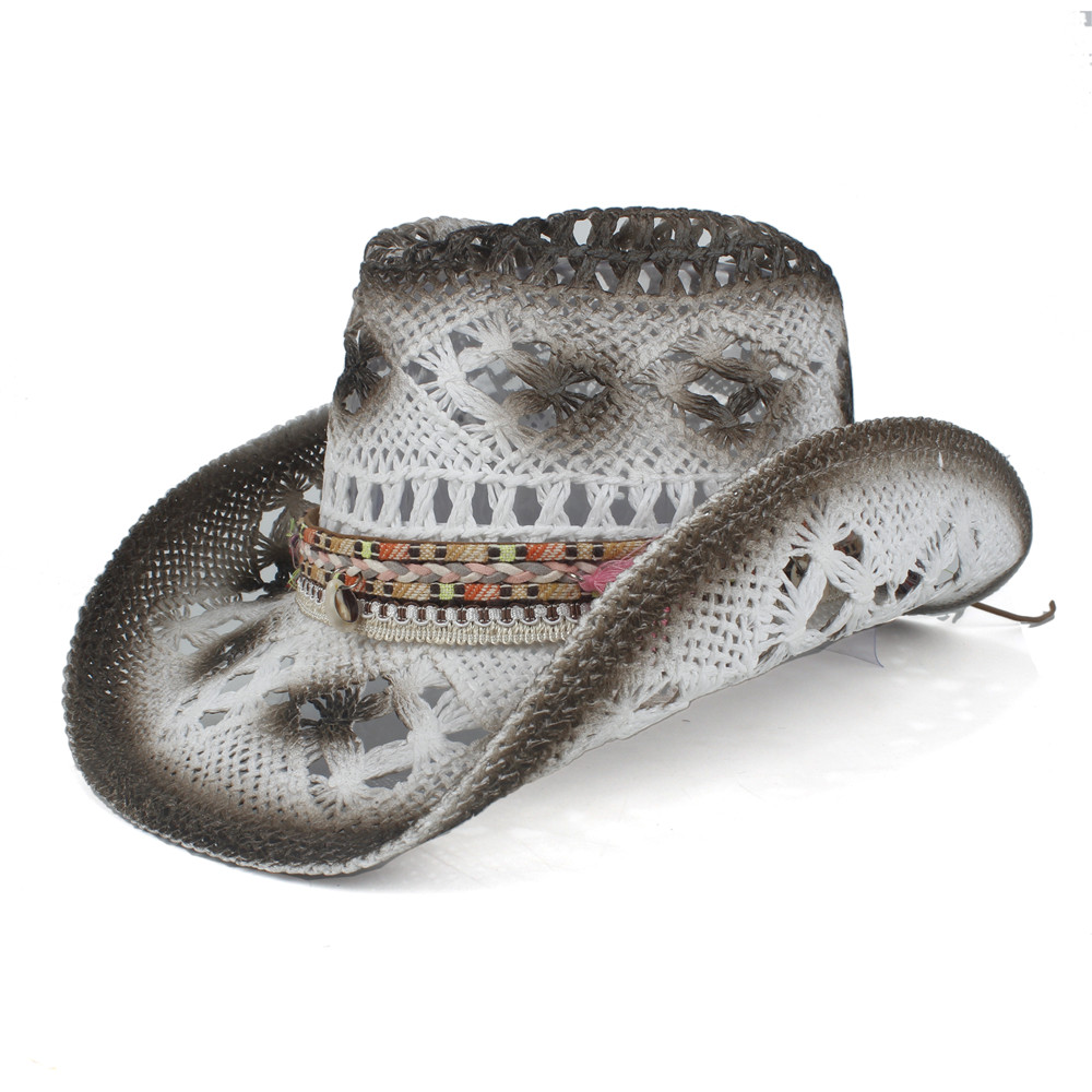 sommer Frauen Stroh Hohl Western Cowboy Hütte Dame Handgemachte Quaste Sombrero hombre Strand Cowgirl Sonne Hütte Größe 56 -58 CM: Weiß