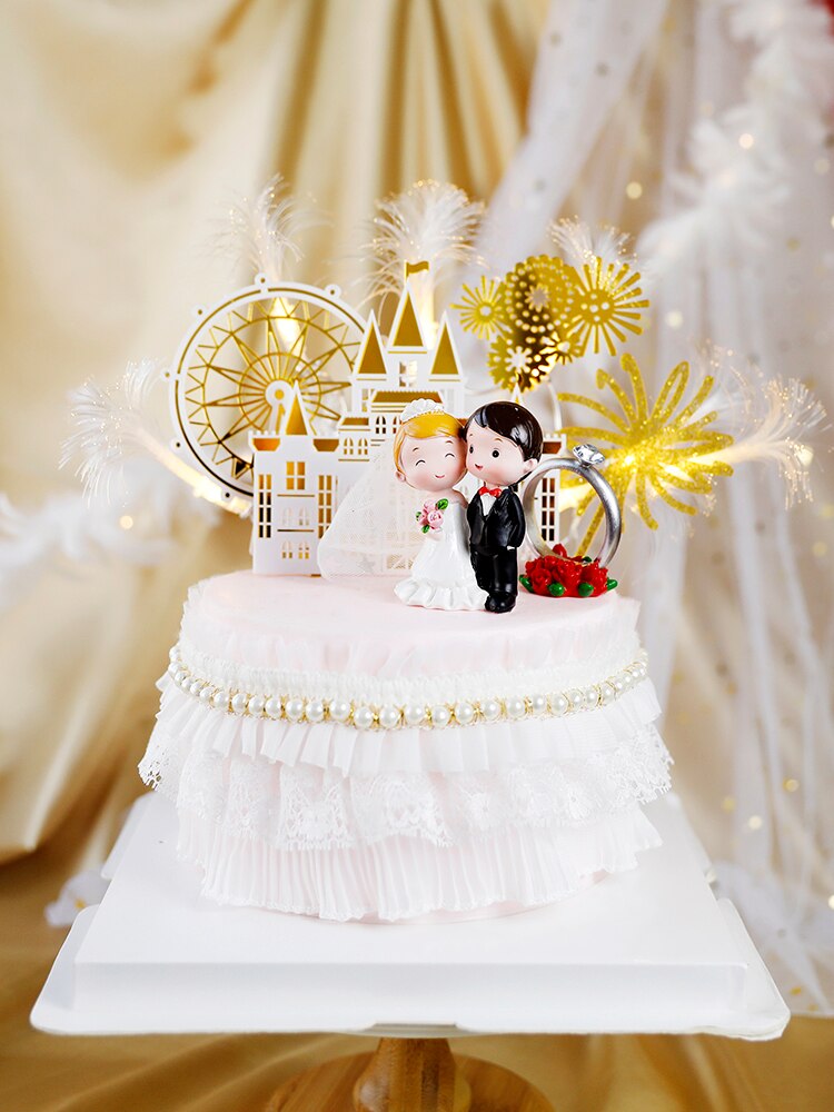 Glædelig bryllupsdag guld slot akryl kage toppersbrud brudgom hr. fru bryllup diamant ring kage leverer dekoration