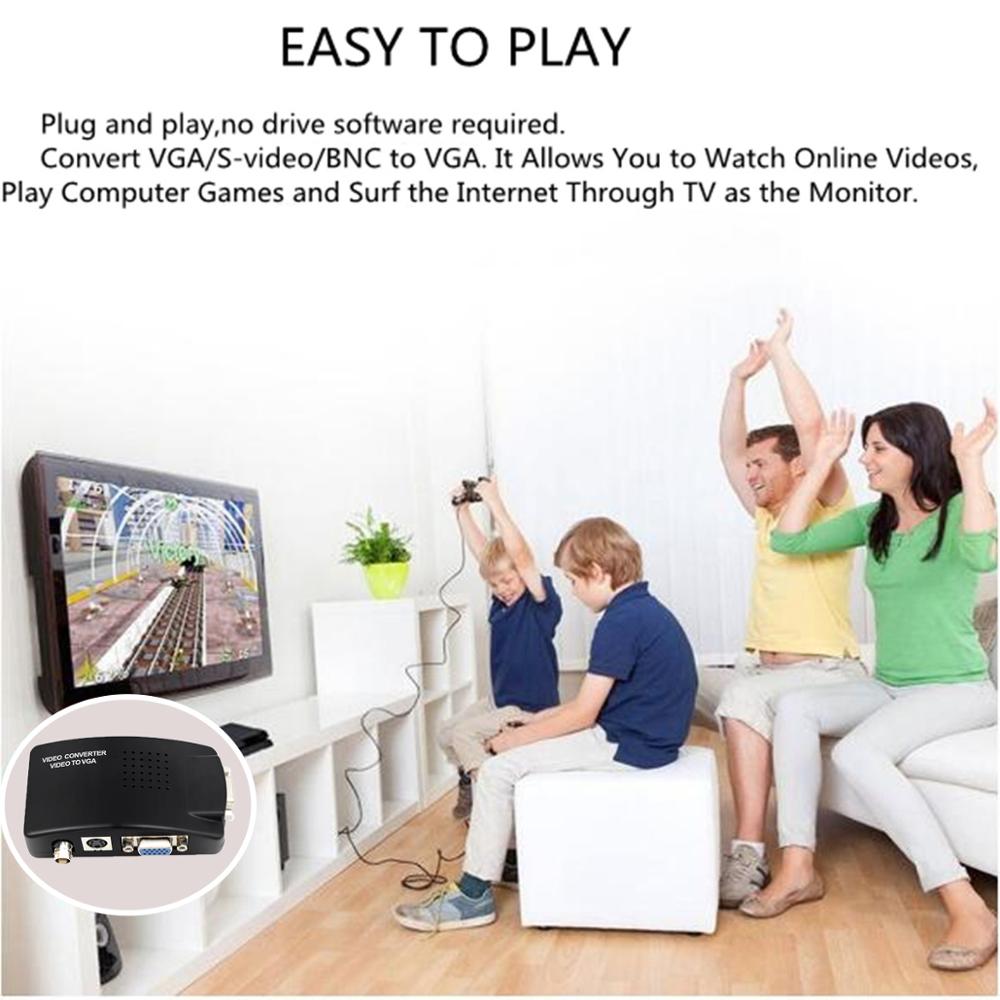 BNC to VGA Video Converter, S-video Input to PC VGA Out Adapter with dc cable or s video cable or power adapter