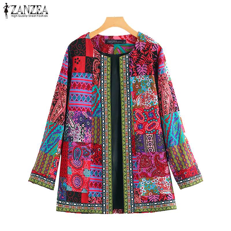 ZANZEA ethnique imprimé Cardigan mince manteaux à manches longues Blusas femmes vestes décontracté O cou ouvert Stich pardessus grande taille