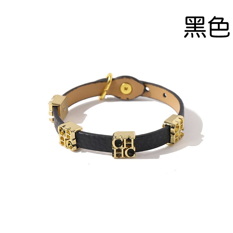 Titanium steel glossy gold CH lettered double loop leather bracelet for women: Light Yellow Color