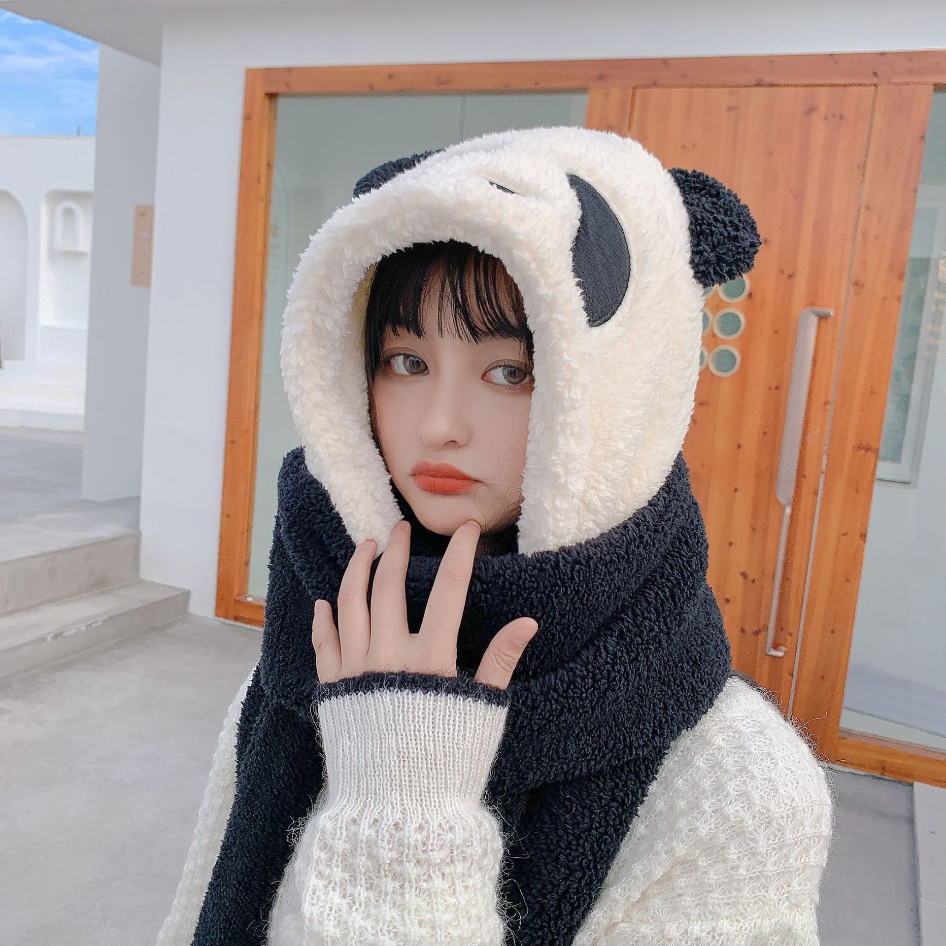 Sombrero de Panda de dibujos animados, conjunto de guantes y bufanda a prueba de viento, Invierno