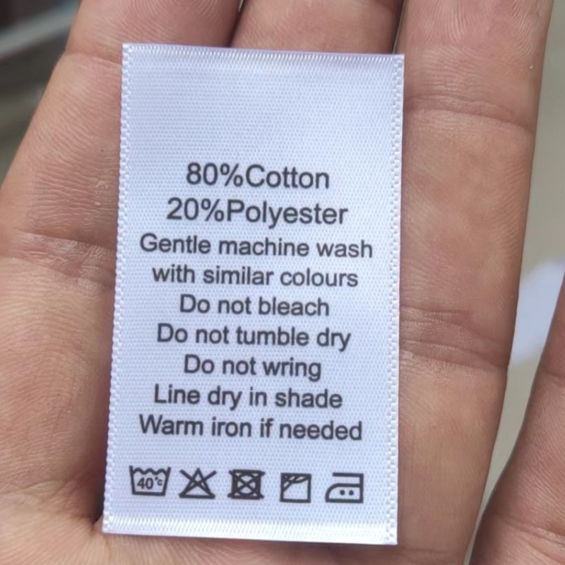 100 st vita tvättrådsetiketter för bomull/siden/kashmere/ull/linne/polyester/elastan med tryck av satintyg: Vit