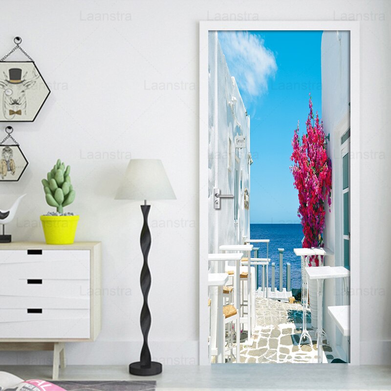 3D Beautiful Landscape Flower Door Sticker For Living Room Bedroom PVC Self Adhesive Wallpaper Home Decor Waterproof Mural Decal