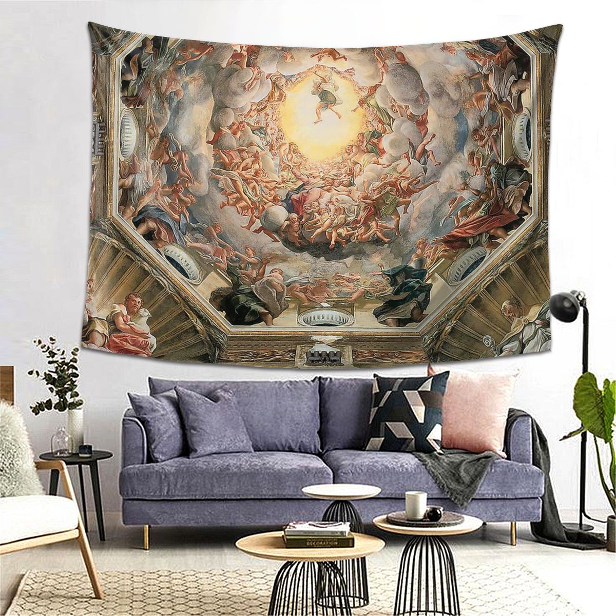 Sixtijnse Kapel Plafond Michelangelo Tapijt Deken Tafelkleed Renaissance Wolken Sky Wandtapijten Polyester Picknick Deken: 152x130cm 60x51in