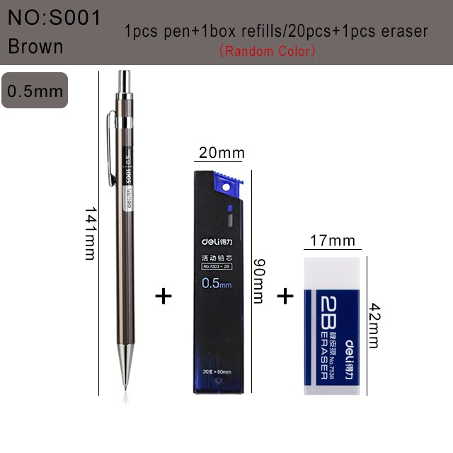 Deli Metal Mechanical Pencil 0.5 0.7mm Lead 2B Drawing Writing Activity Pencils For Artist School And Office Stationeries: S001-Brown-0.5mm