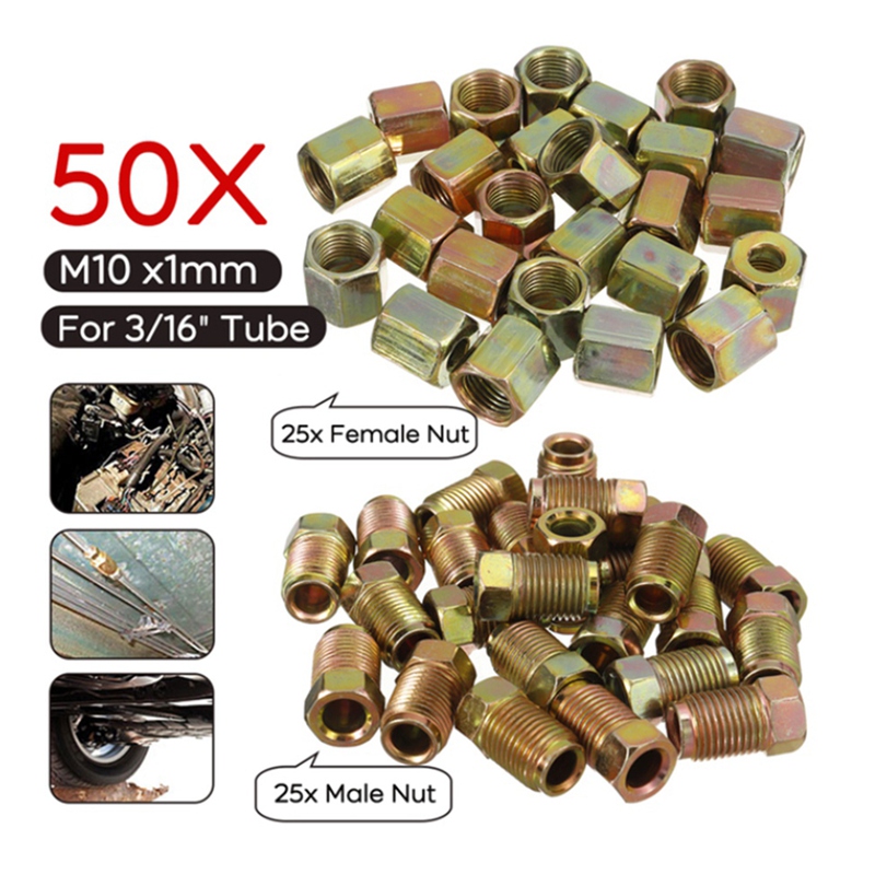 50 pcs male/female end union brake pipe screw nuts  m10 x 1mm 3/16 inch od copper brake pipes line pipe fittings metric